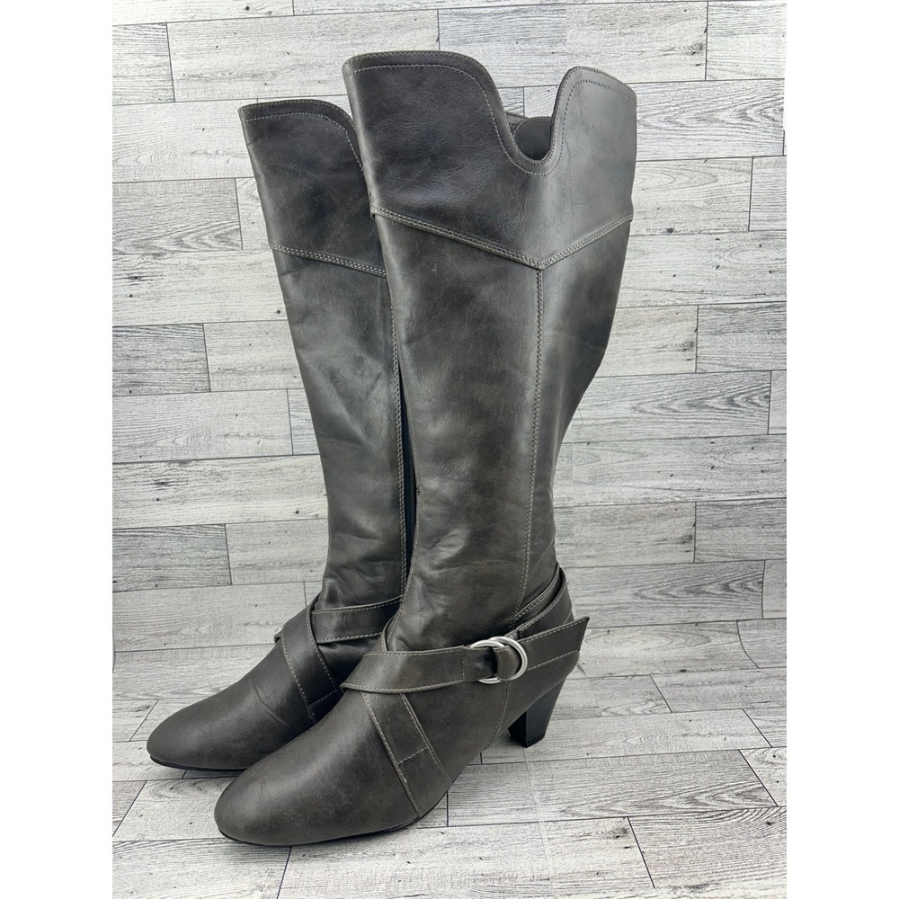 Comfortview Women's‎ Dark Gray Faux Leather Knee High Boots Buckle Heel Size 8WW